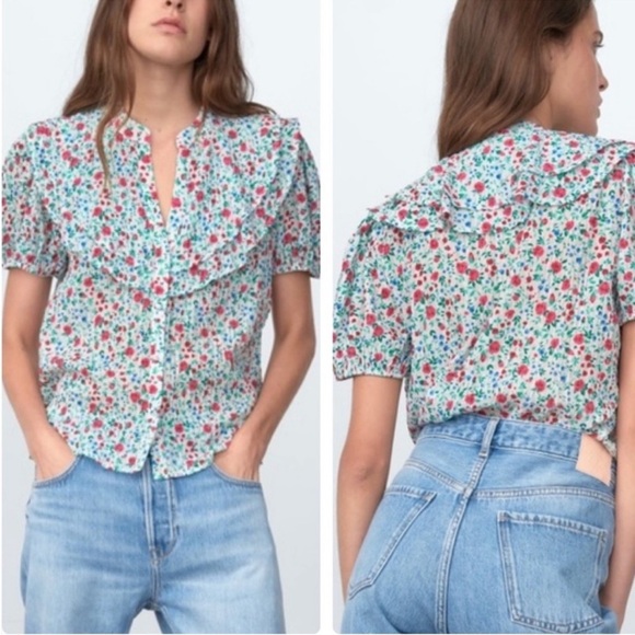 zara ruffle blouse top floral printed button short sleeve green white - Picture 1 of 6